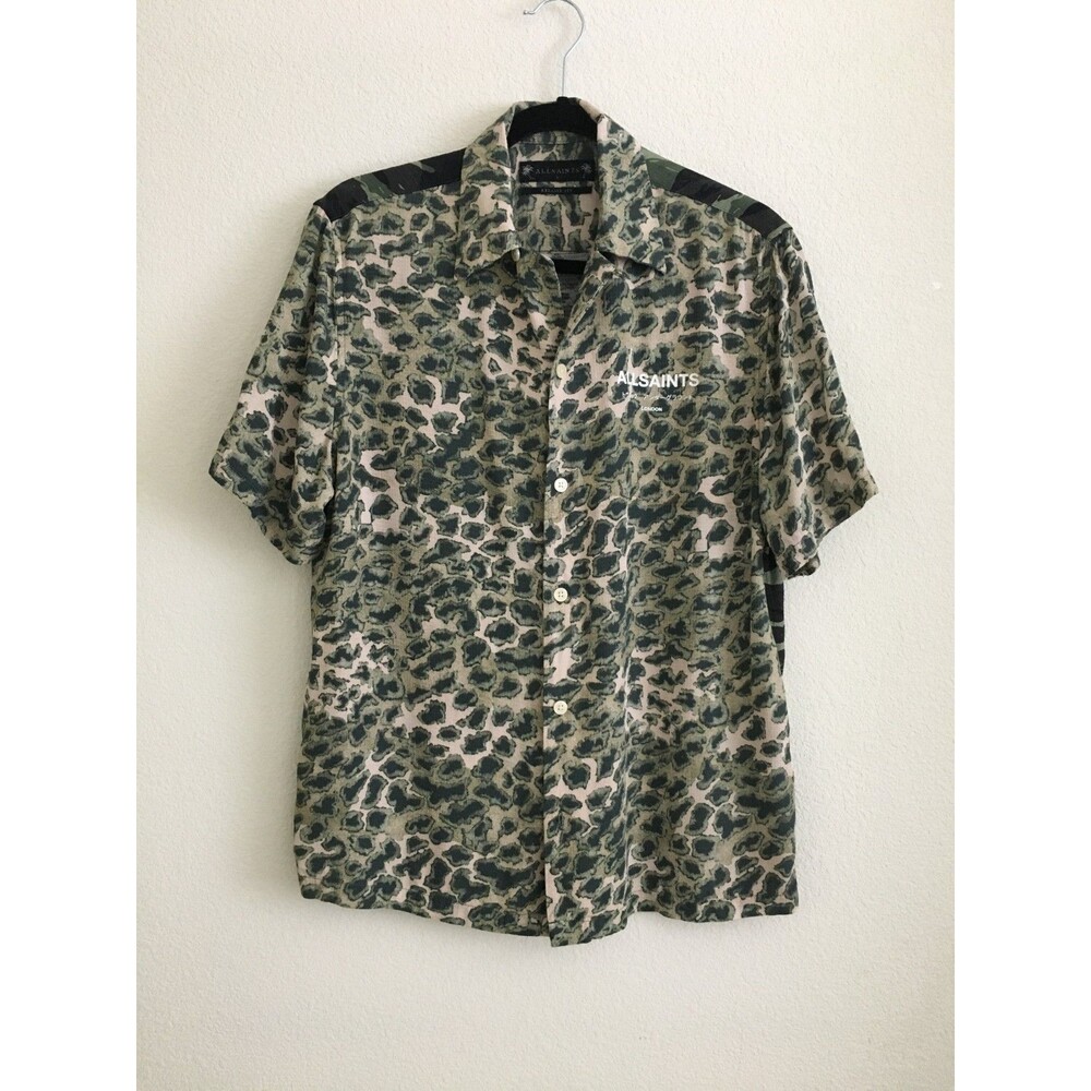 AllSaints Mens S Relaxed Fit Leopard Camo Graphic Button Shirt Short Sleeve